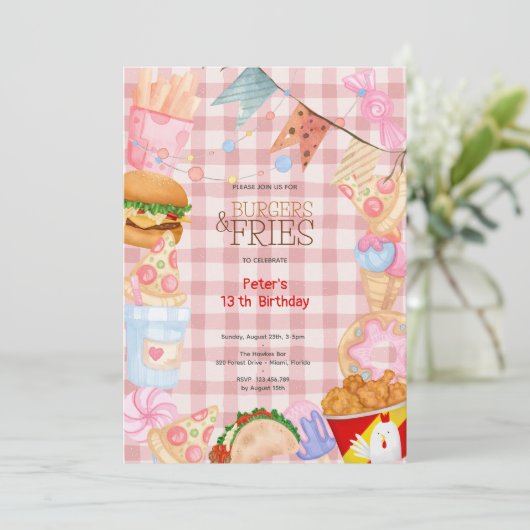 ハンバーガーとフライドファストフード誕生日パーティー 招待状 (スタンド正面)