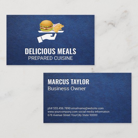 ハンバーガーとフライドポテトが出る |青い革の背景 名刺 (正面/裏面)