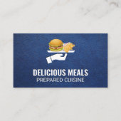 ハンバーガーとフライドポテトが出る |青い革の背景 名刺 (正面)