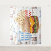 ハンバーガーとフライドポテトのファーストフード背景 タペストリー (正面)