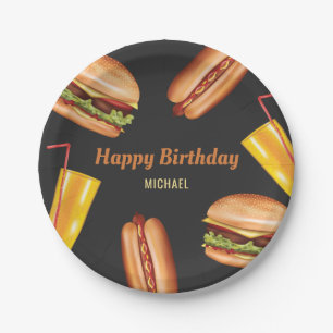 ハンバーガーとホットドッグのファストフード ハッピーバースデー ペーパープレート