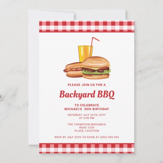 ハンバーガーとホットドッグの裏庭BBQ誕生日パーティー 招待状 (正面)