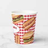 ハンバーガーとホットドッグの赤いギンガム誕生日 紙コップ (裏面)