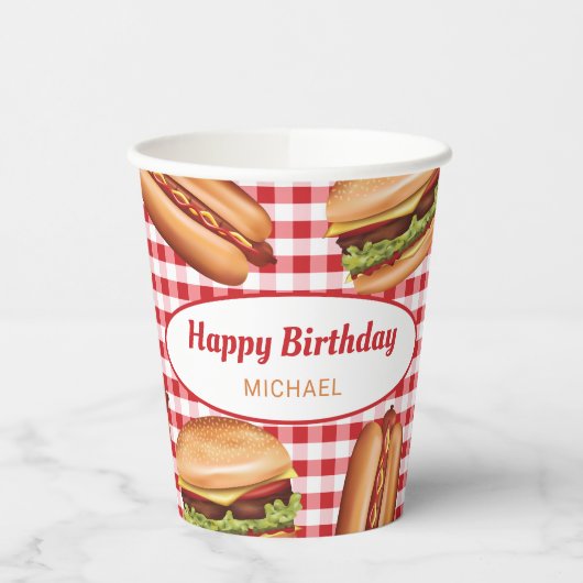 ハンバーガーとホットドッグの赤いギンガム誕生日 紙コップ (左)