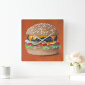 ハンバーガーのイラストレーションの台所柱時計 スクエア壁時計 (ホーム)