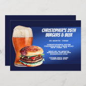 ハンバーガーのビアバーベキューのグリル冷たいリアルな青 招待状 (正面/裏面)