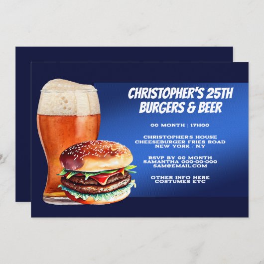 ハンバーガーのビアバーベキューのグリル冷たいリアルな青 招待状 (正面/裏面)