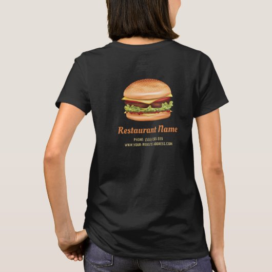 ハンバーガーのファストフードの食堂会社のロゴと情報 Tシャツ (裏面)