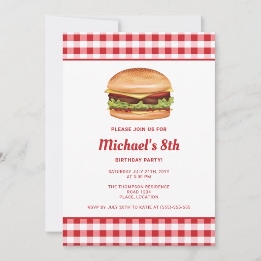 ハンバーガーのファストフードイラスト 誕生日パーティー 招待状 (正面)