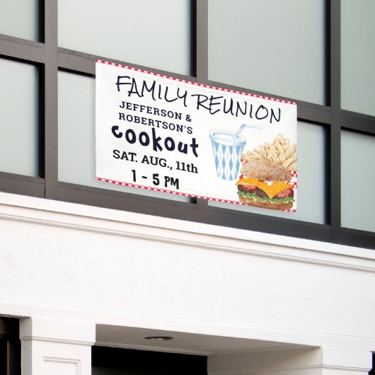 ハンバーガーのフライドファストフード |ファミリ懇親会 横断幕 (ビルの外側)