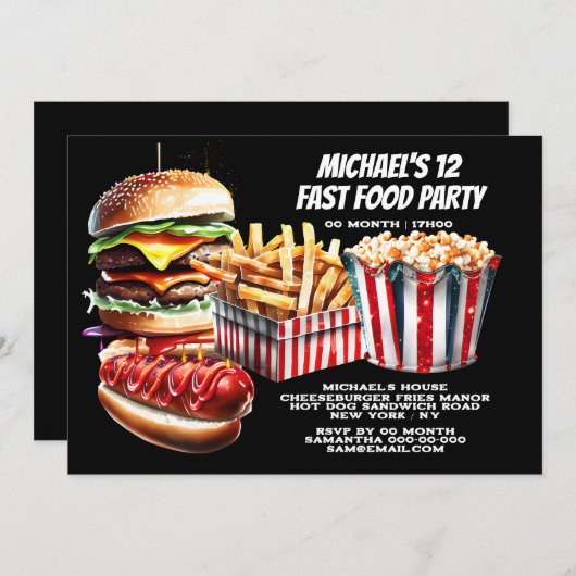 ハンバーガーのフライドホットドッグカーニバルファーストフードのジャンクパーティー 招待状 (正面/裏面)