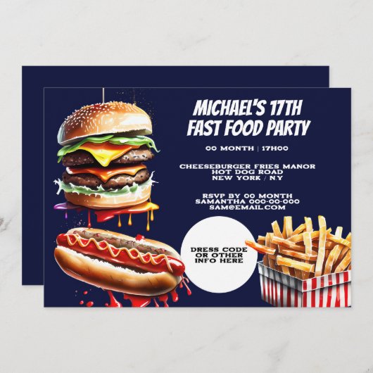 ハンバーガーのフライドホットドッグファストフードパーティーブルー 招待状 (正面/裏面)