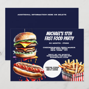 ハンバーガーのフライドホットドッグファストフードパーティーブルー 招待状