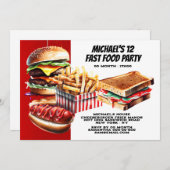 ハンバーガーのフライドホットドッグファストフードパーティー赤 招待状 (正面/裏面)