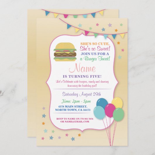 ハンバーガーの誕生会年齢の誕生日の招待 招待状 (正面/裏面)