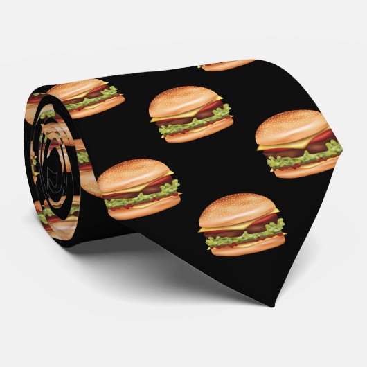 ハンバーガーの黒いファストフードの柄 ネクタイ (ロール)