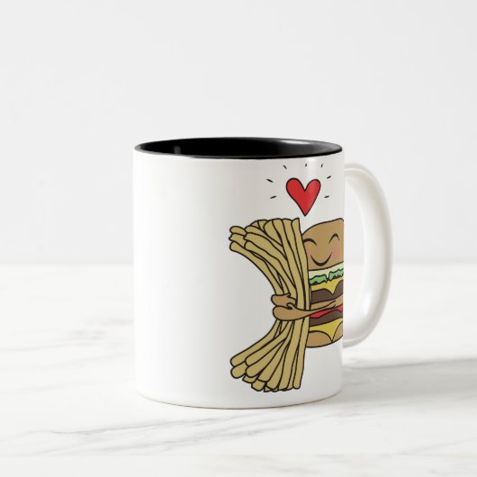 ハンバーガーは揚げ物を愛します ツートーンマグカップ (正面右)