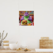 ハンバーガーを楽しむ紫恐竜 ポスター (キッチン)