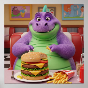 ハンバーガーを楽しむ紫恐竜 ポスター