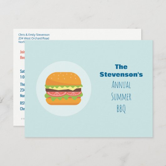 ハンバーガーイラストレーションサマーBBQパーティの招待状 インビテーションポストカード (正面/裏面)