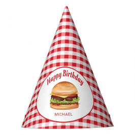 ハンバーガーオンレッドジンガム柄ハッピーバースデー パーティーハット