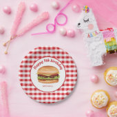 ハンバーガーオンレッドジンガム柄ハッピーバースデー ペーパープレート (パーティー)