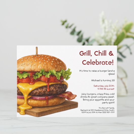 ハンバーガーパーティー | おもしろいバーガーお祝い 招待状 (スタンド正面)