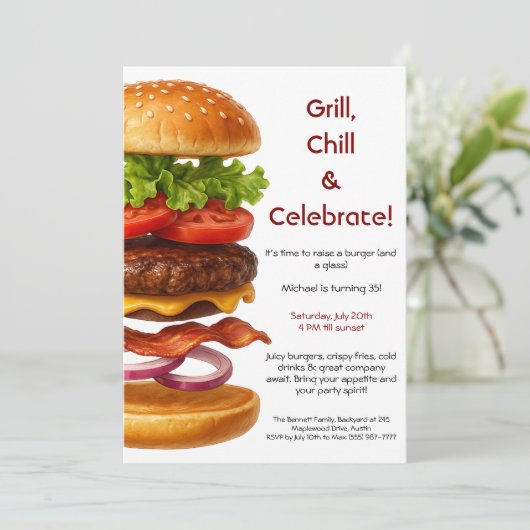 ハンバーガーパーティー | おもしろいバーガーお祝い 招待状 (スタンド正面)