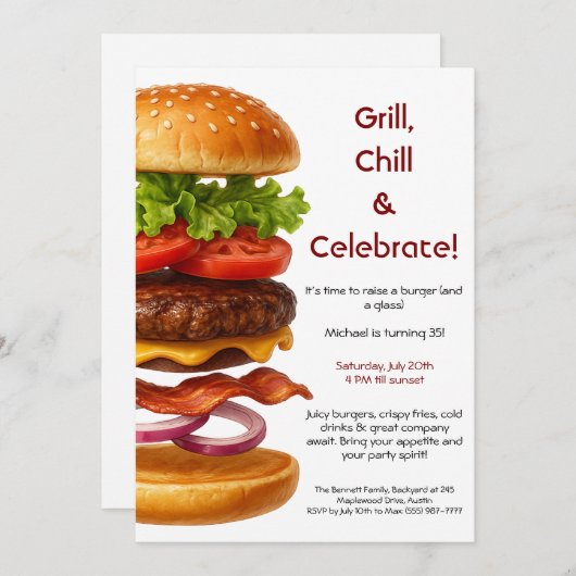 ハンバーガーパーティー | おもしろいバーガーお祝い 招待状 (正面/裏面)