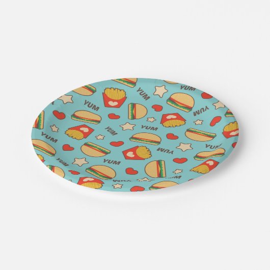 ハンバーガー及び揚げ物パターン ペーパープレート (アングル)