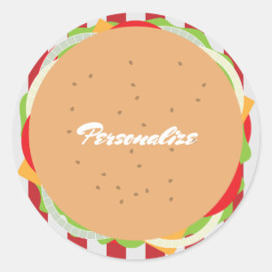 ハンバーガー可愛いカフェストライプの赤白 ラウンドシール