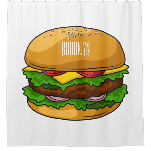 ハンバーガー漫画イラストレーション シャワーカーテン (正面)