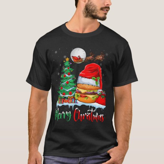 ハンバーガー着用サンタハットクリスマス- Merry Christmas Tシャツ (正面)