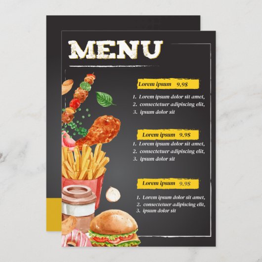 ハンバーガー・フライドポテト・シェイクなど、美味しそうなファストフードレストランのメニュー メニュー (正面/裏面)