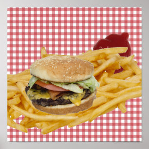 ハンバーガー、フライドポテト、赤と白のチェック柄の背景 ポスター