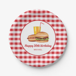 ハンバーガー ホットドッグ ドリンク 赤 ギンガムチェック 誕生日 ペーパープレート