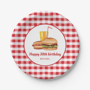 ハンバーガー ホットドッグ ドリンク 赤 ギンガムチェック 誕生日 ペーパープレート