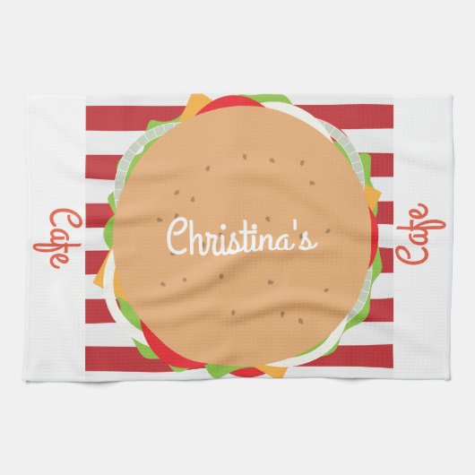 ハンバーグチーズバーガーかわいいカフェストライプのディナー キッチンタオル (横)