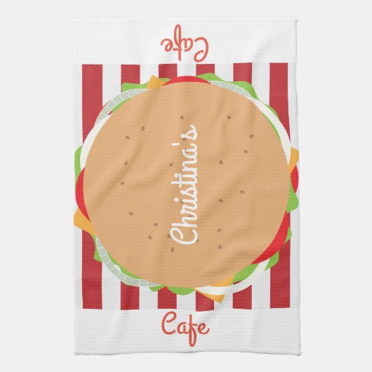 ハンバーグチーズバーガーかわいいカフェストライプのディナー キッチンタオル (縦)