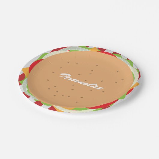 ハンバーグチーズバーガーかわいいカフェディナーストライプの ペーパープレート (アングル)