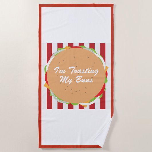 ハンバーグパンかわいい赤ストライプの白カフェかわいいおもしろい ビーチタオル (正面)