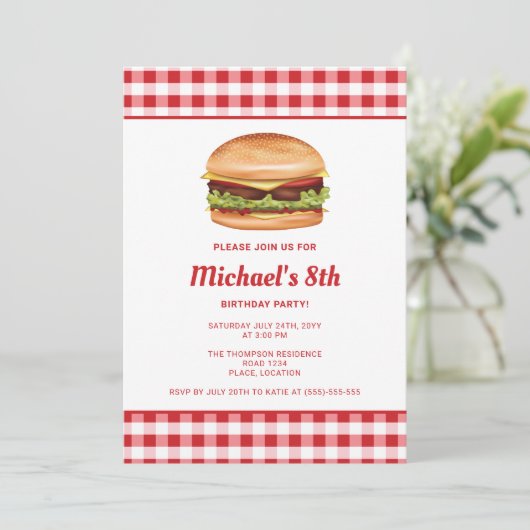 ハンバーグファストフードイラストレーション誕生日パーティー 招待状 (スタンド正面)