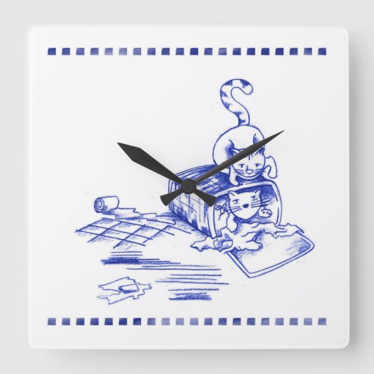 ハンパーよくはしゃぐキティ猫バスルームトイレルルック スクエア壁時計 (正面)