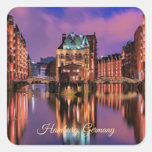 ハンブルク,ドイツの夜 スクエアシール (正面)