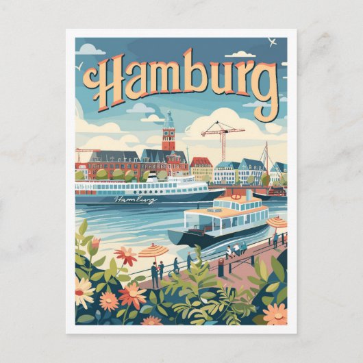 ハンブルグドイツアートヴィンテージトラベルイラストレーション ポストカード (正面)