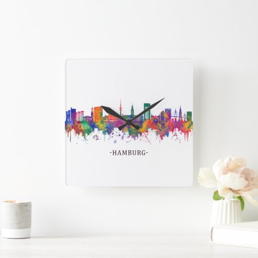ハンブルグドイツスカイライン スクエア壁時計 (ホーム)