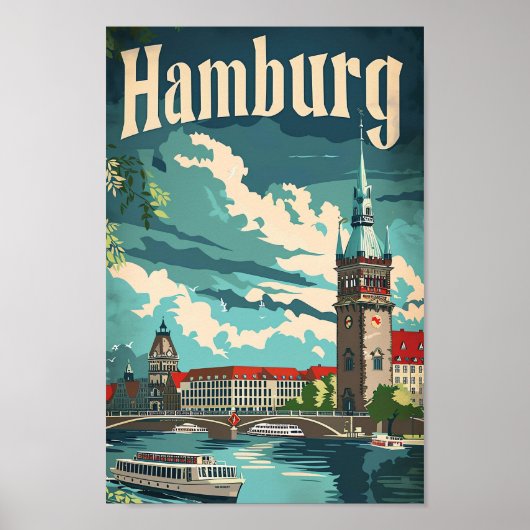 ハンブルグドイツヴィンテージレトロ旅行イラストレーション ポスター (正面)