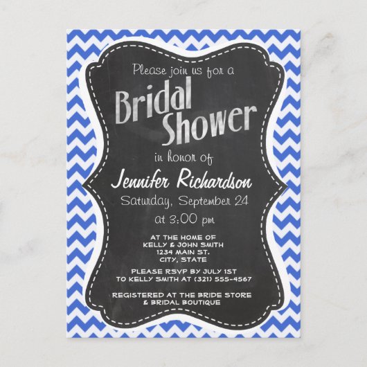 ハンブルーシェブロンストライプ;黒板ルック インビテーションポストカード (正面)