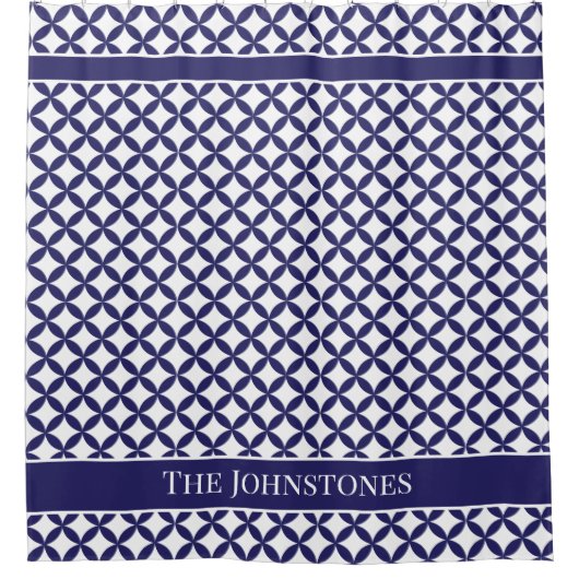 ハンプトンスタイルモントークジオメトリックブルー&ホワイト シャワーカーテン (正面)