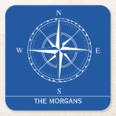 ハンプトンズブルーとホワイトシクルコンパス航海の スクエアペーパーコースター (正面)